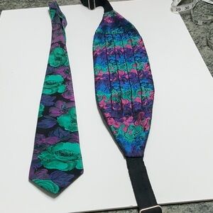 Floral Pleated Cummerbund and Tie Set in Teal, Purple, and Black